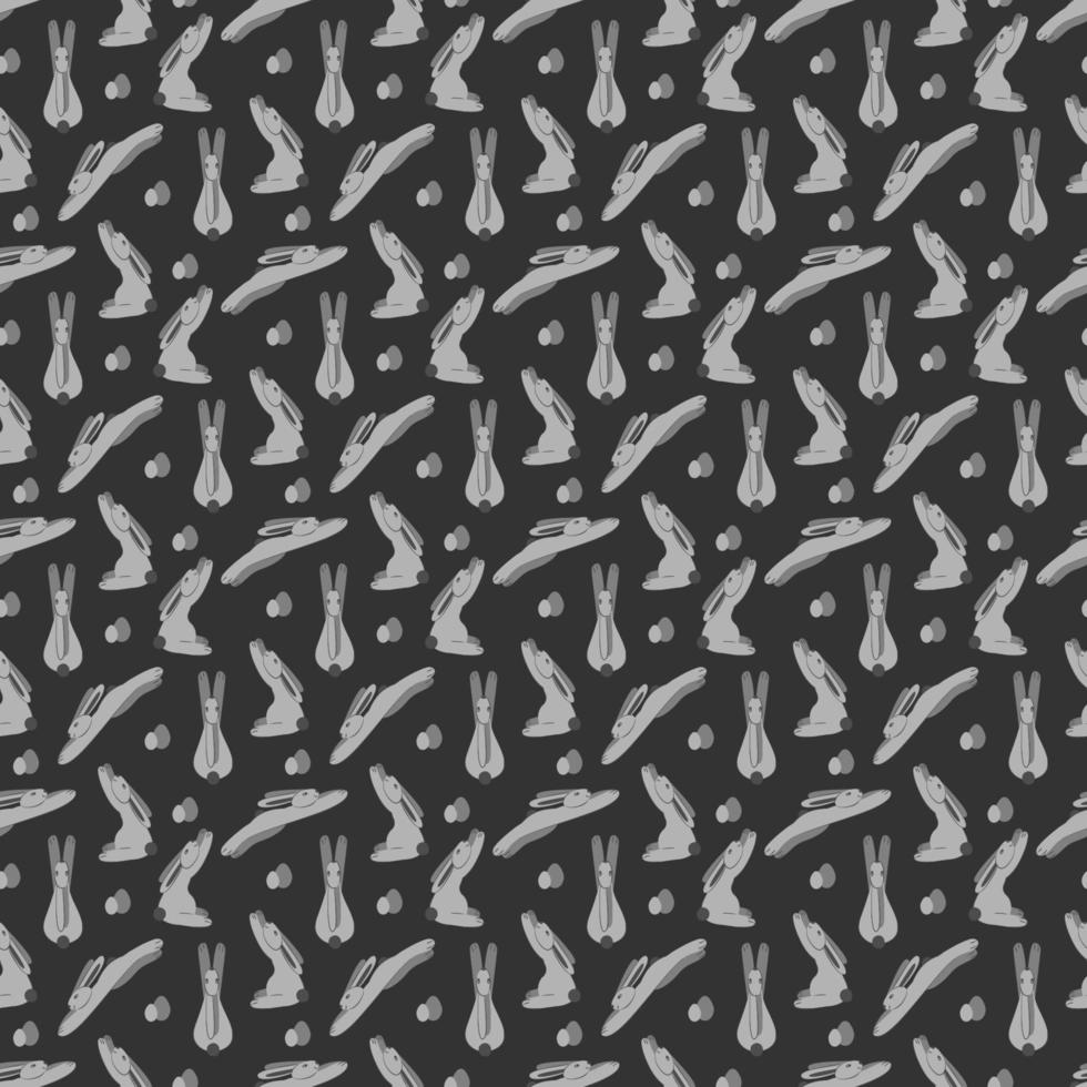 Seamless monochrome pattern with cute Easter bunnies and eggs on a dark gray background. Cartoon vector illustration.