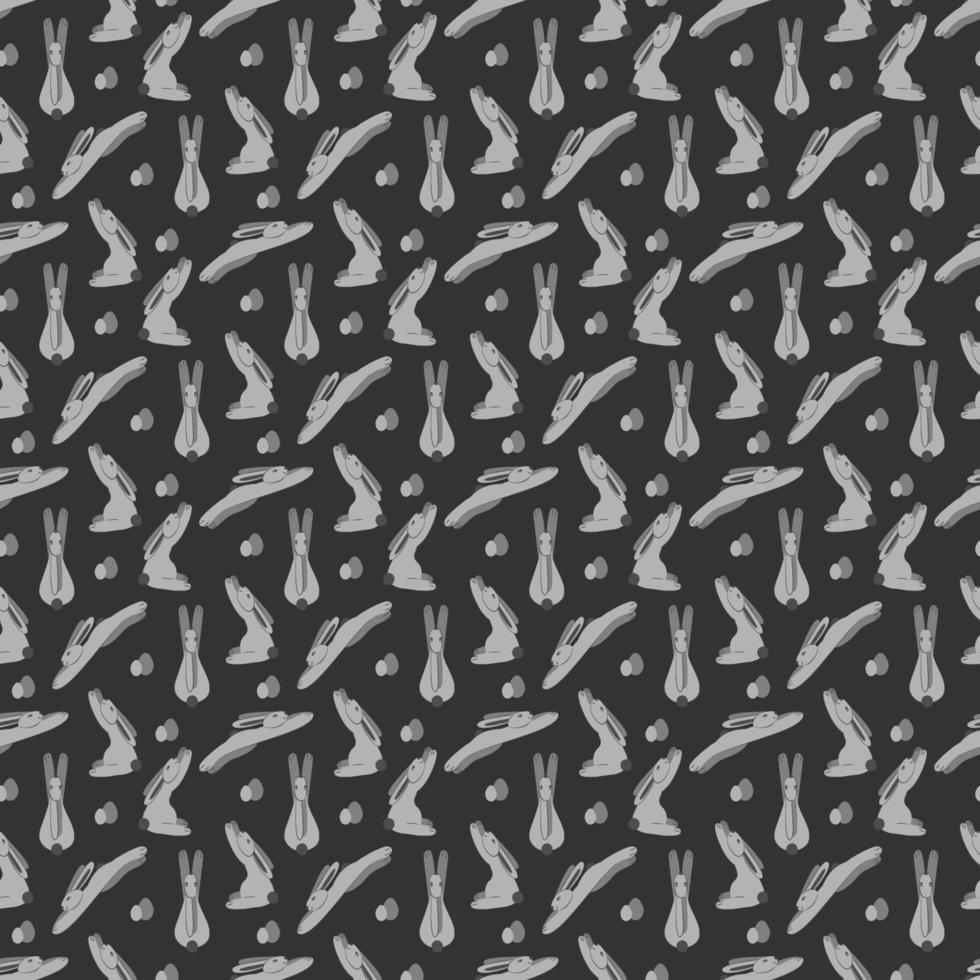 Seamless monochrome pattern with cute Easter bunnies and eggs on a dark gray background. Cartoon vector illustration.