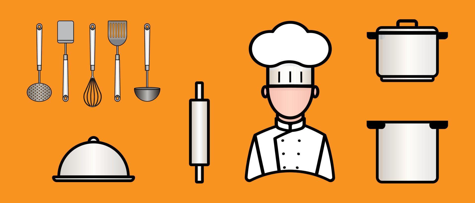 Chef icon set. Collection of cooking kitchen utensils. Clip art Vector illustration