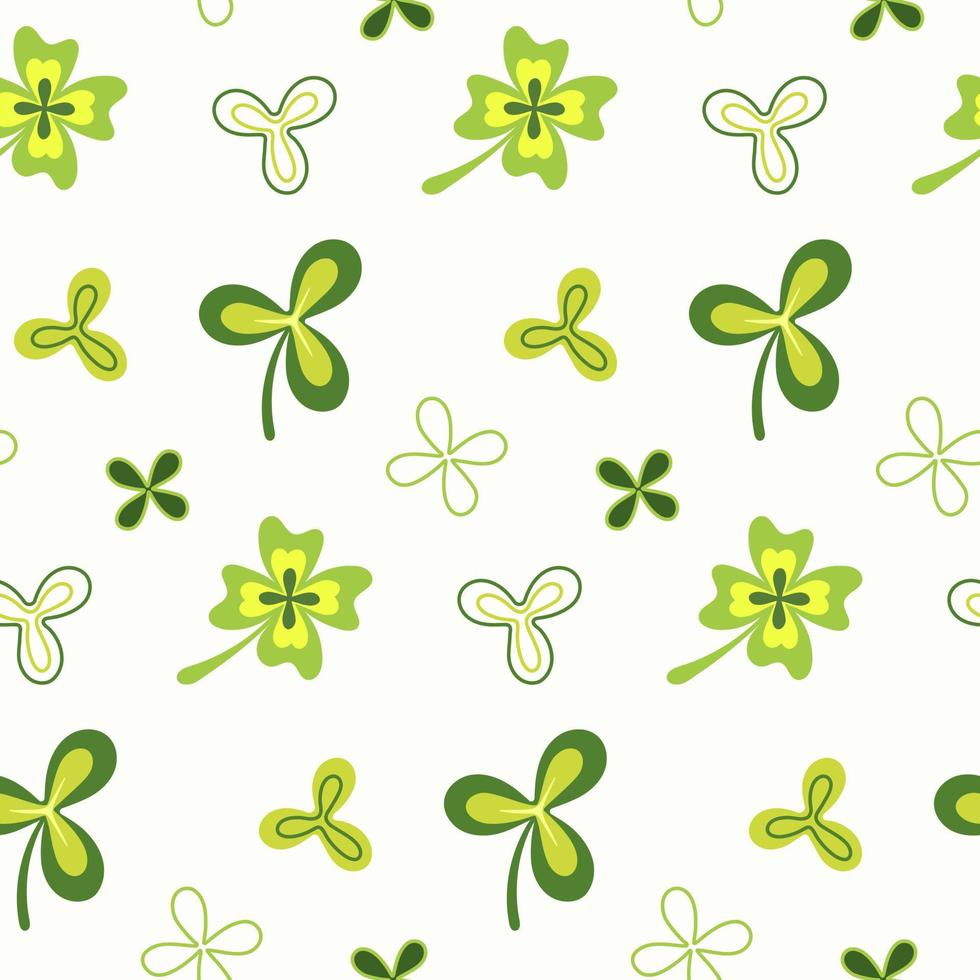 Seamless pattern of hand drawn and doodle shamrock and clover leaves on isolated background. Simple design for St. Patricks day celebration, party decoration, scrapbooking, home decor, textile. vector