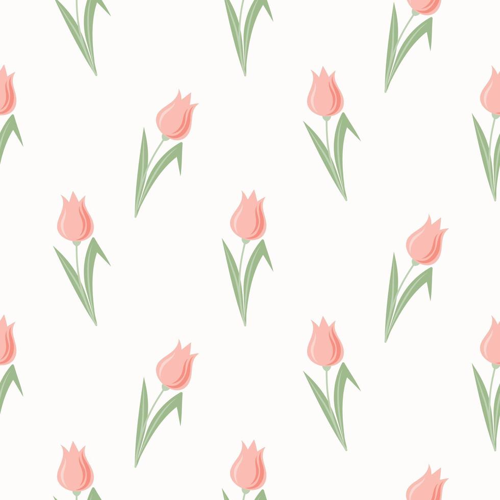 Seamless pattern of hand drawn tulips in pastel colours on isolated background. Design for mothers day, springtime and summertime celebration, scrapbooking, textile, home decor, paper craft. vector