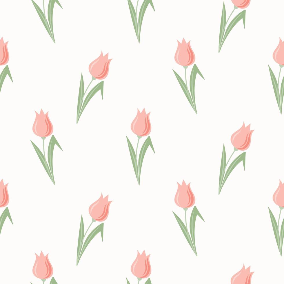 Seamless pattern of hand drawn tulips in pastel colours on isolated background. Design for mothers day, springtime and summertime celebration, scrapbooking, textile, home decor, paper craft. vector