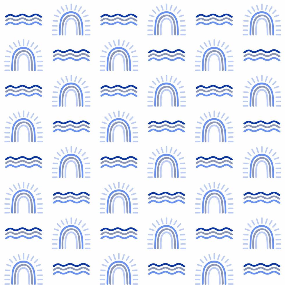Seamless pattern of hand drawn doodle boho style rainbows and waves in blue colours. Design for springtime, summertime, mothers day, Easter, wedding celebration, nursery decoration, scrapbooking. vector
