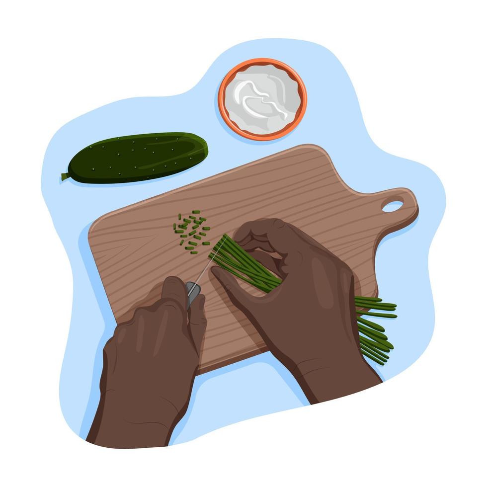 Hands of black man cut spring onions with a knife on a wooden chopping board, cucumber and bowl of cream cheese around. Personal point of view. Process of cooking. Vector flat isolated concept