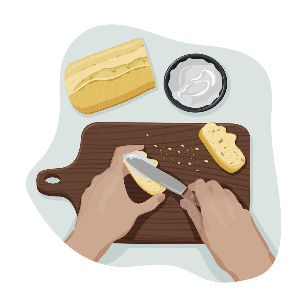Hands of young person spread cream chease on a crispy slice of bread with knife on a wooden cutting board with crumbs from personal point of view. Process of cooking. Vector flat isolated concept
