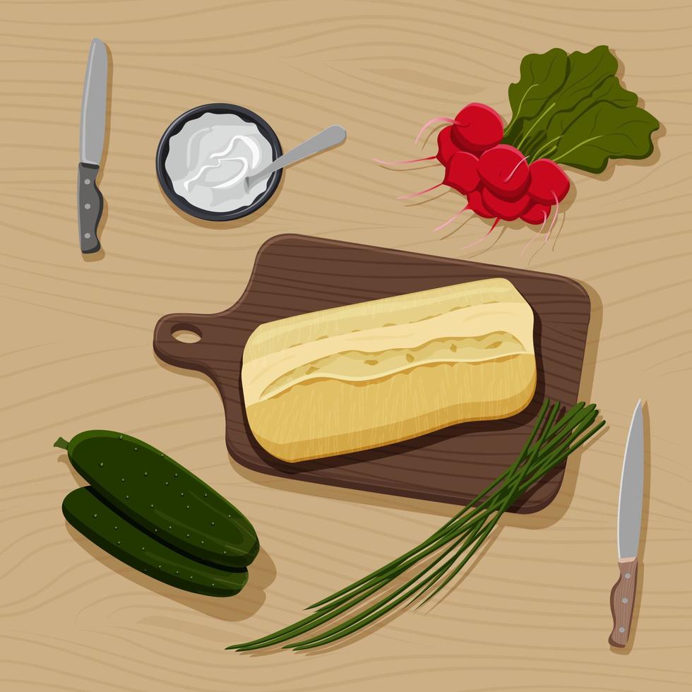 categóricamente de artículos para sano emparedado en de madera mesa. corte junta, blanco trigo pan, rábanos, pepinos, primavera cebollas, khifes, cuenco con crema queso. vector plano concepto ilustración