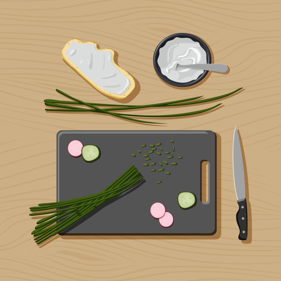 Flat lay with ingredients for healthy vegetarian sandwich on wooden background. Cutting board, kitchen knife, slices of cucumber and radish, scalion and bread with cream cheese. Top view concept vector