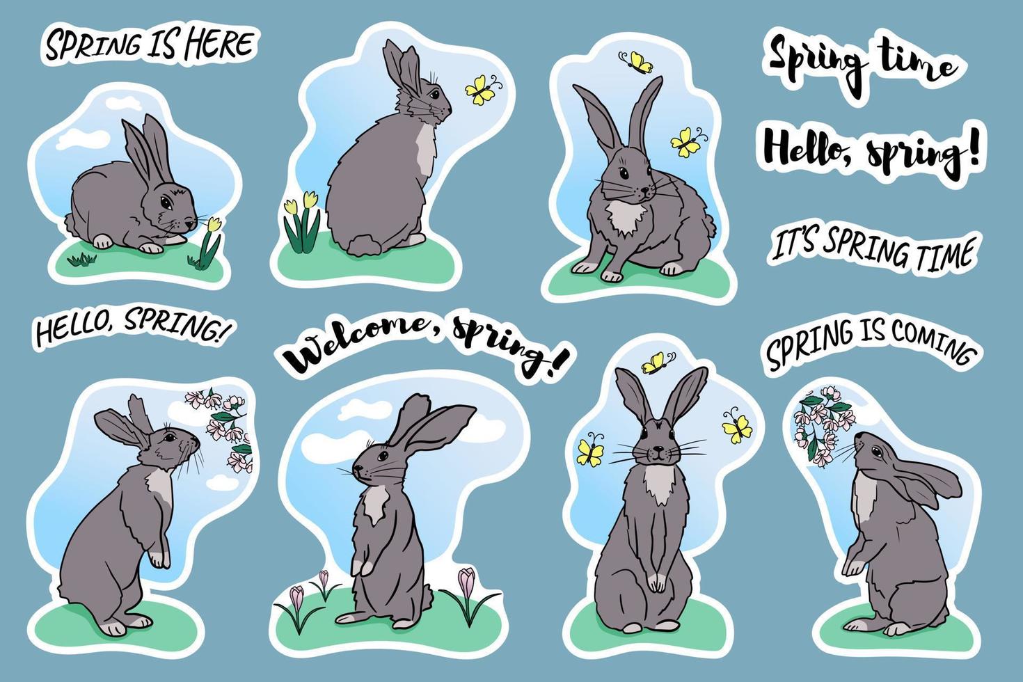 Spring set of hand drawn stickers with cartoon rabbits, spring flowers, butterflies and spring sayings. Hand drawn isolated vector flat illustration. Template for cards, textile printing