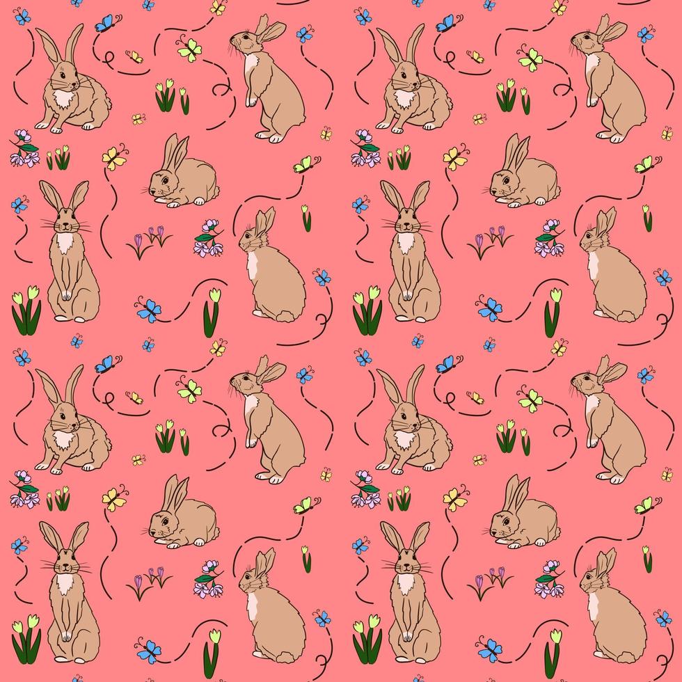 Bright seamless pattern with hand drawn easter bunny, spring flowers and butterflies on pink background. Spring, easter background. Perfect for kids textile prints, wrapping. vector