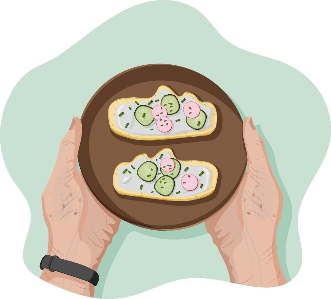 manos de mayor mantener plato con sano sandwish con rebanadas de pepino, rábano y primavera cebolla en trigo crujiente un pan y. desde el personal punto de vista. cocinando. vector plano aislado concepto