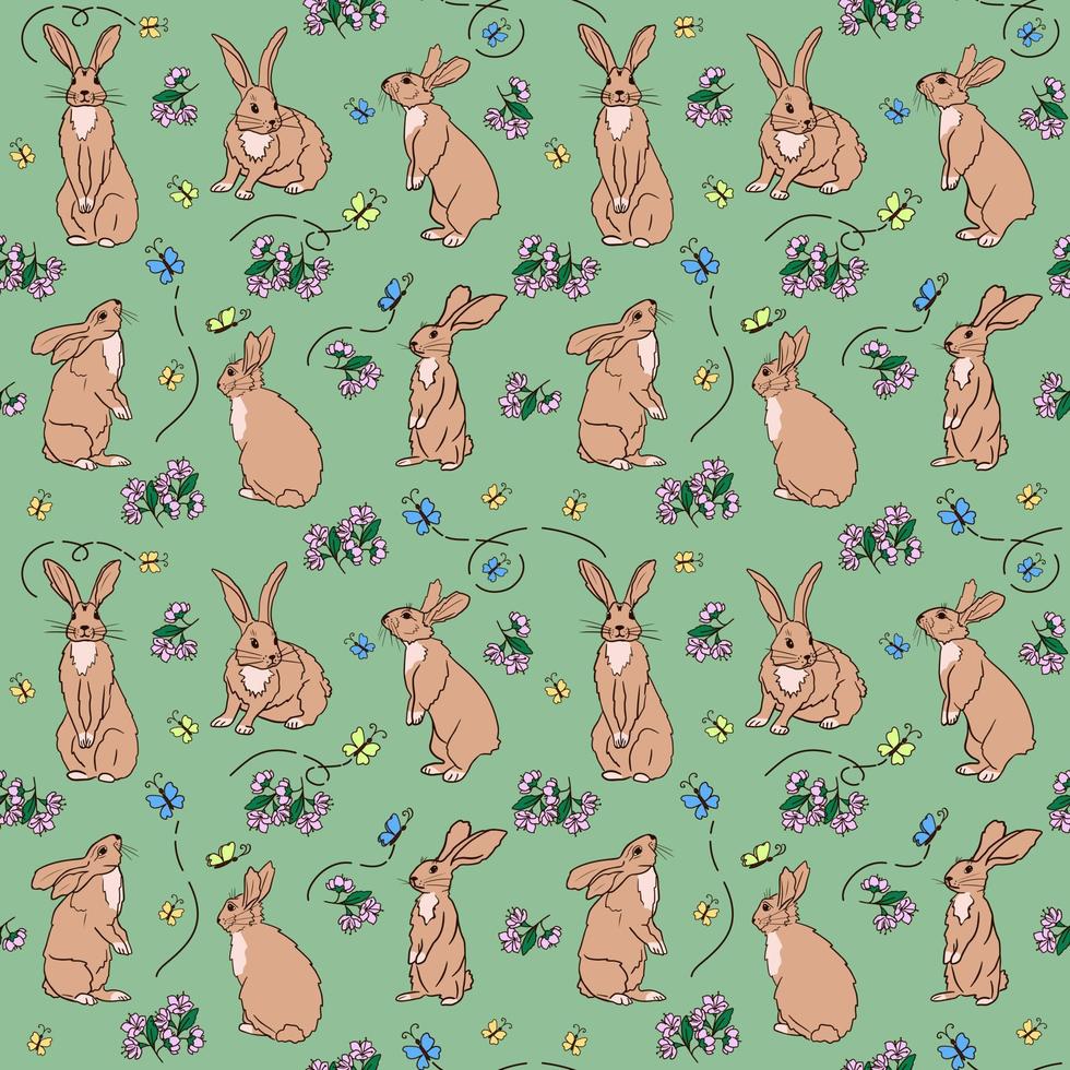 Bright seamless pattern with hand drawn easter bunny, cherry blossom and butterflies on green background. Spring, easter background. Perfect for kids textile prints, wrapping. vector