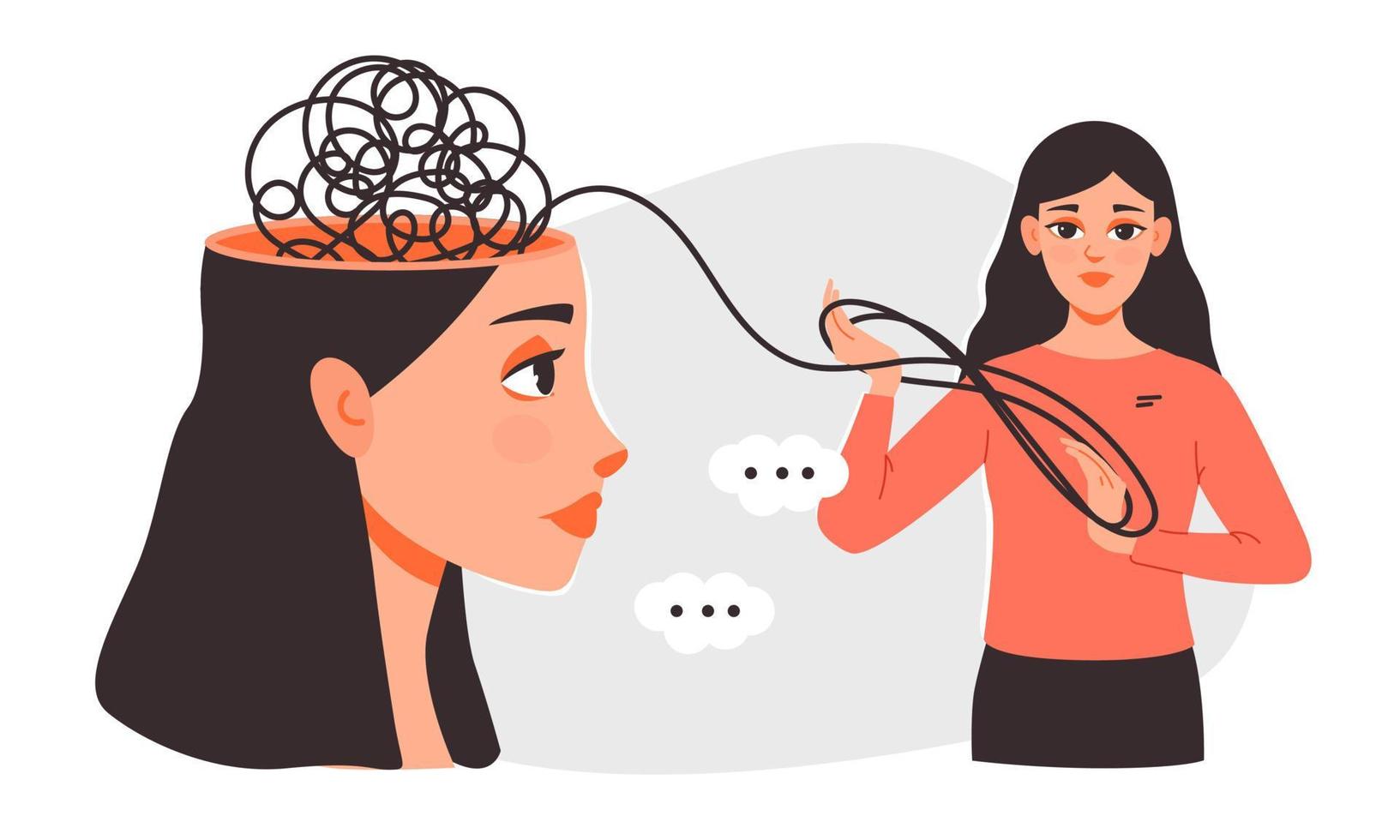 Stress management. The girl unravels chaos messy line in her head. Problem solving. Mental health. Flat vector illustration.