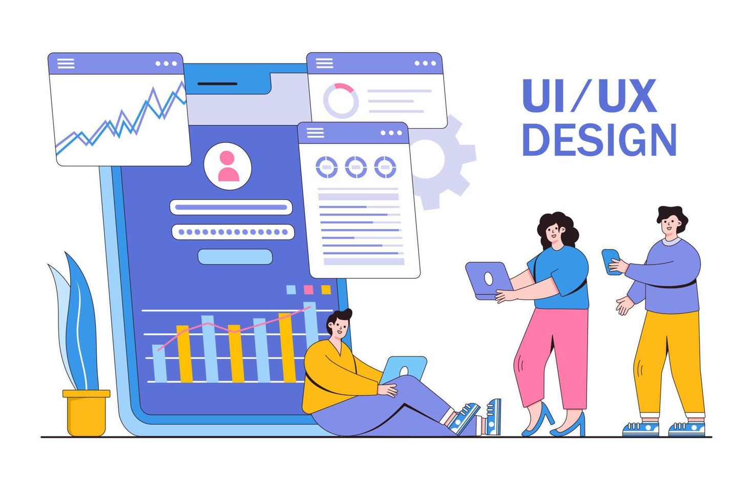 móvil ui ux desarrollo diseño concepto con caracteres. digital industria, móvil aplicación, innovación y tecnologías. moderno plano estilo para aterrizaje página, web bandera, infografía, héroe imágenes vector