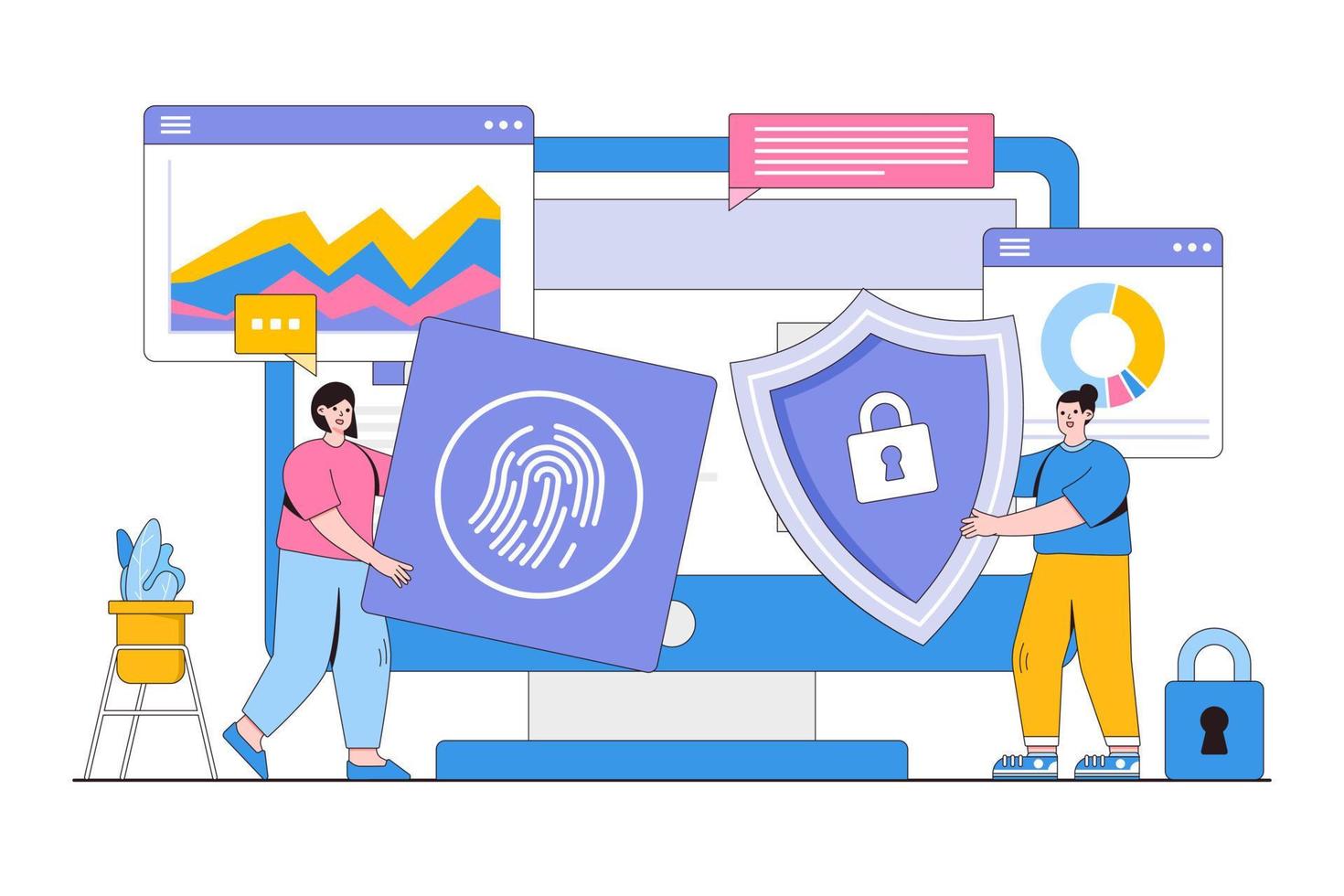 ciber seguridad vector ilustración concepto con caracteres. datos seguridad, protegido acceso control, intimidad datos proteccion. moderno plano estilo para aterrizaje página, web bandera, infografía, héroe imágenes