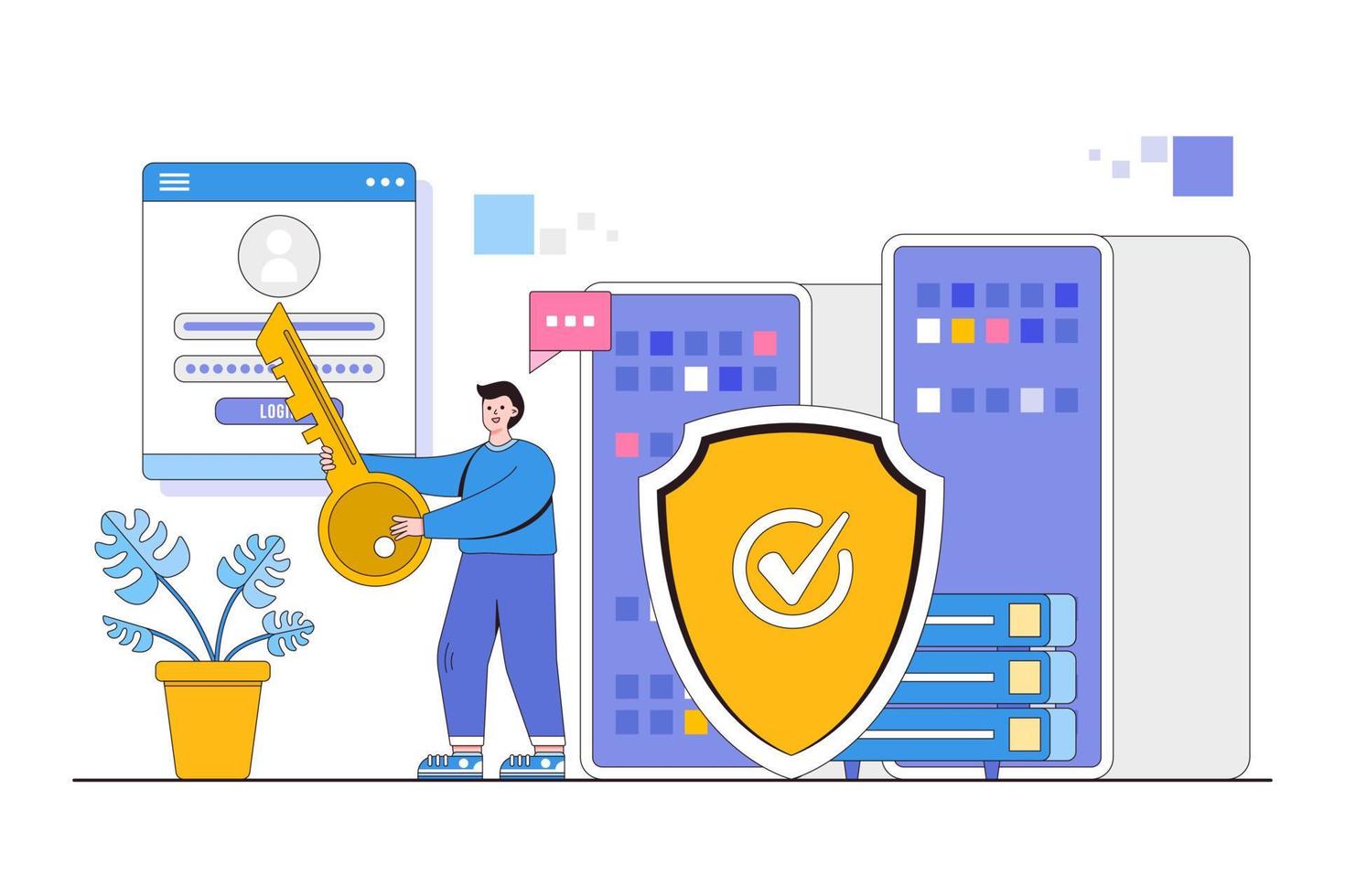 Cyber security vector illustration concept with characters. Data security, protected access control, privacy data protection. Modern flat style for landing page, web banner, infographics, hero images