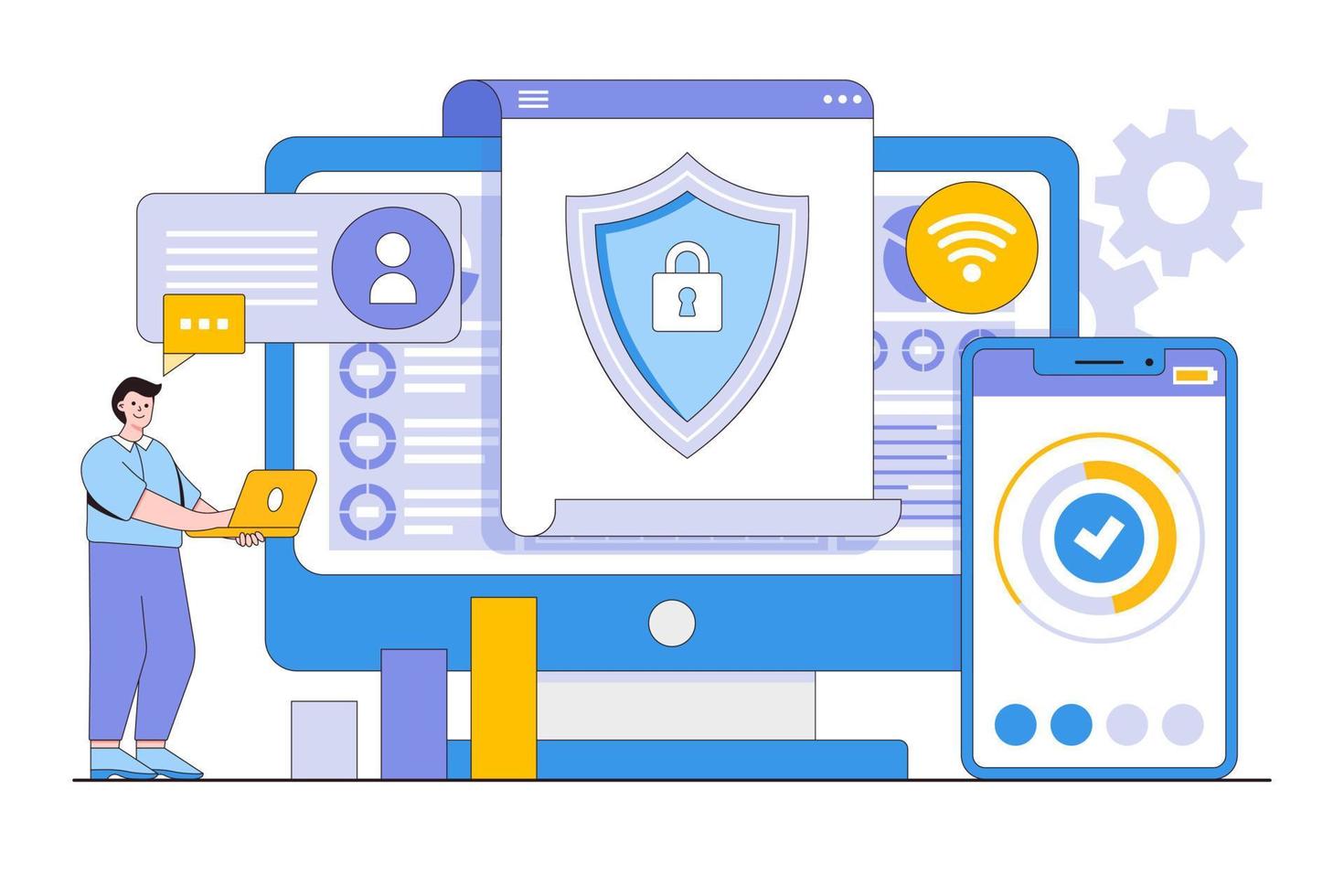 ciber seguridad vector ilustración concepto con caracteres. datos seguridad, protegido acceso control, intimidad datos proteccion. moderno plano estilo para aterrizaje página, web bandera, infografía, héroe imágenes