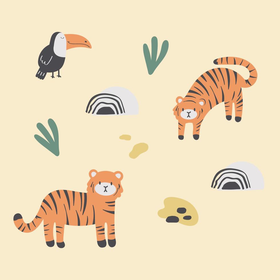 gratis vector mano dibujado Tigre y pájaro