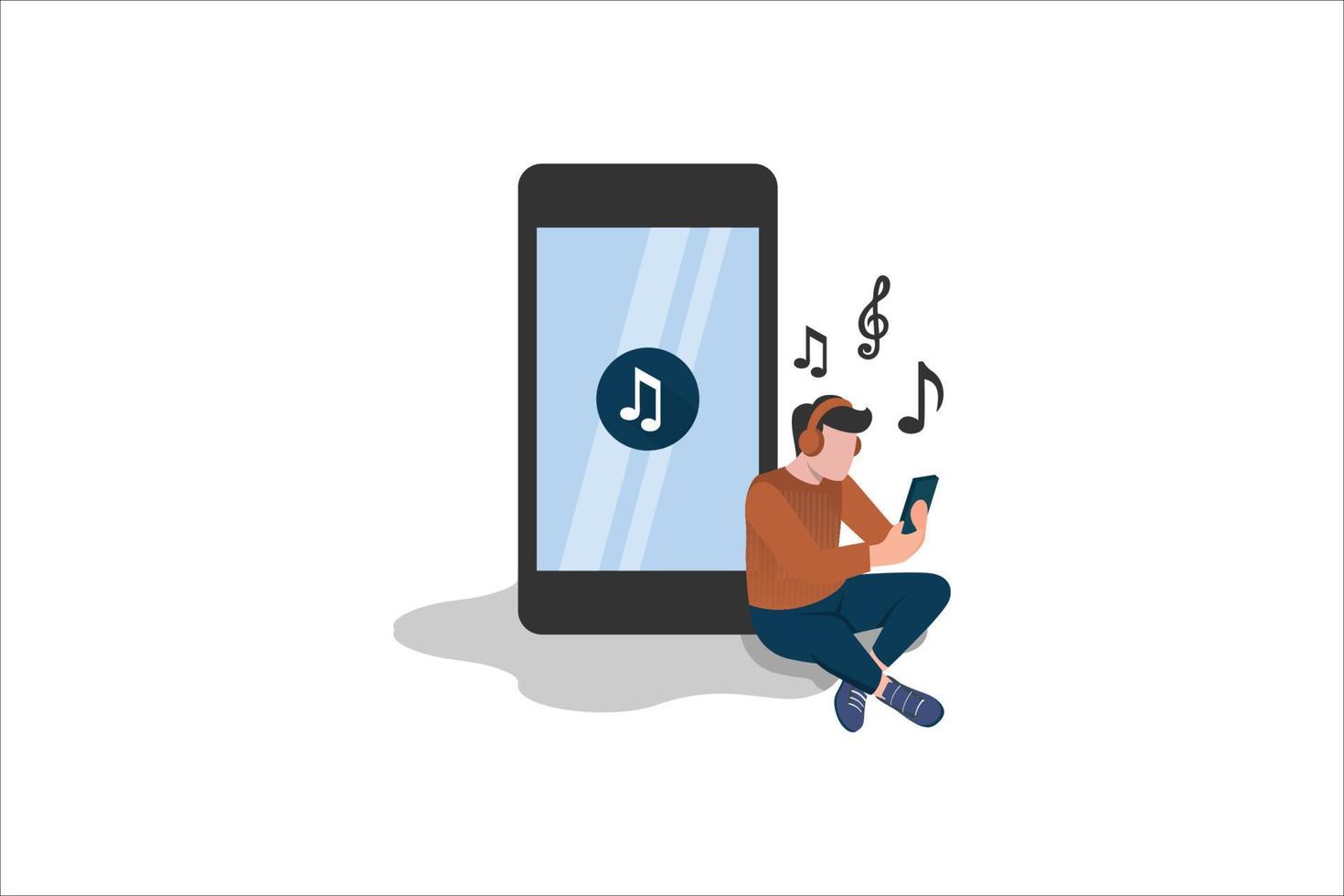 young man in headphones lean on smartphone and listen music from smartphone. Vector illustration. Social media concept. Isolated