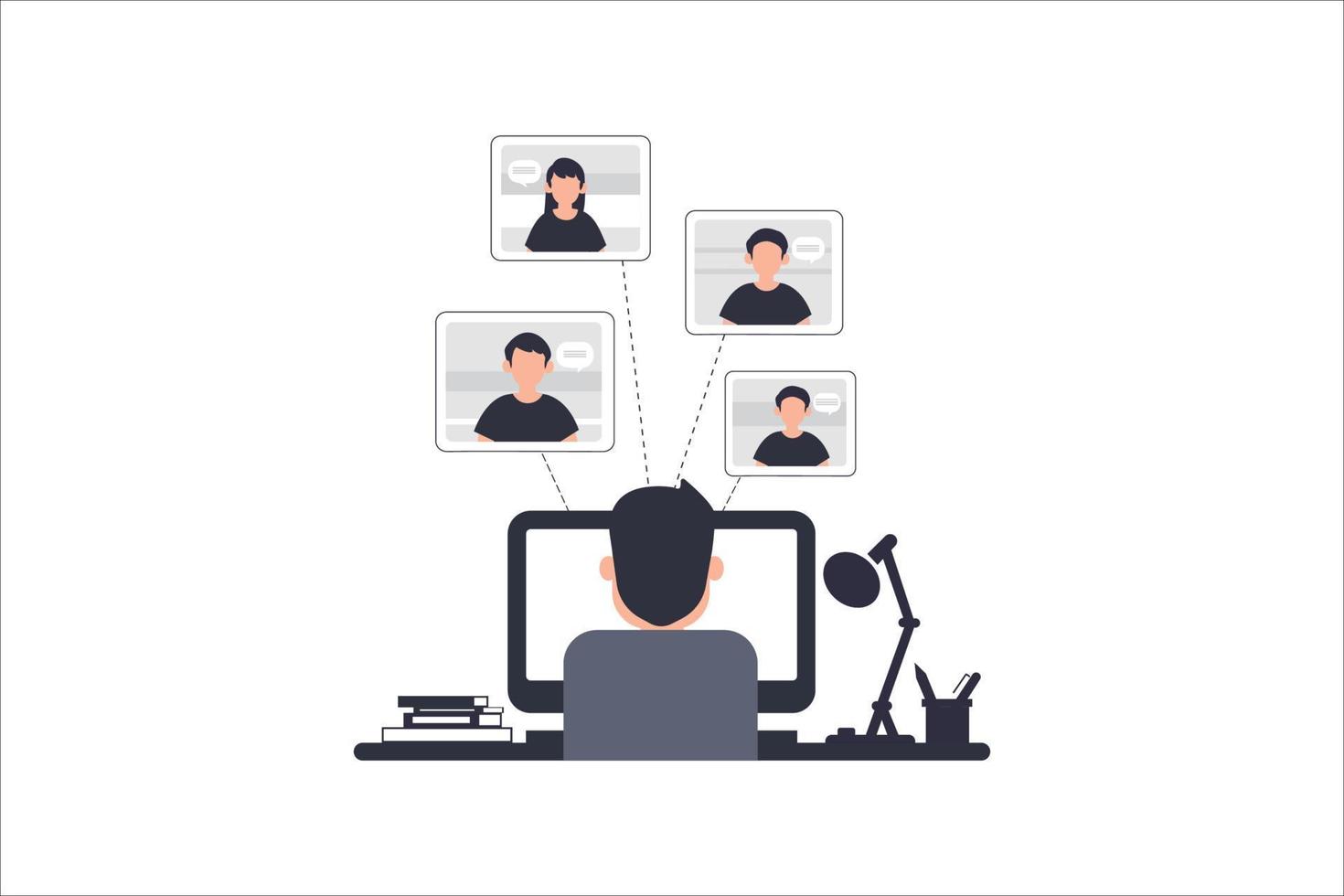 personas que se conectan, aprenden o se reúnen en línea con teleconferencia, videoconferencia trabajando a distancia en una computadora portátil, trabajo desde casa y trabajo desde cualquier lugar concepto, ilustración vectorial plana vector