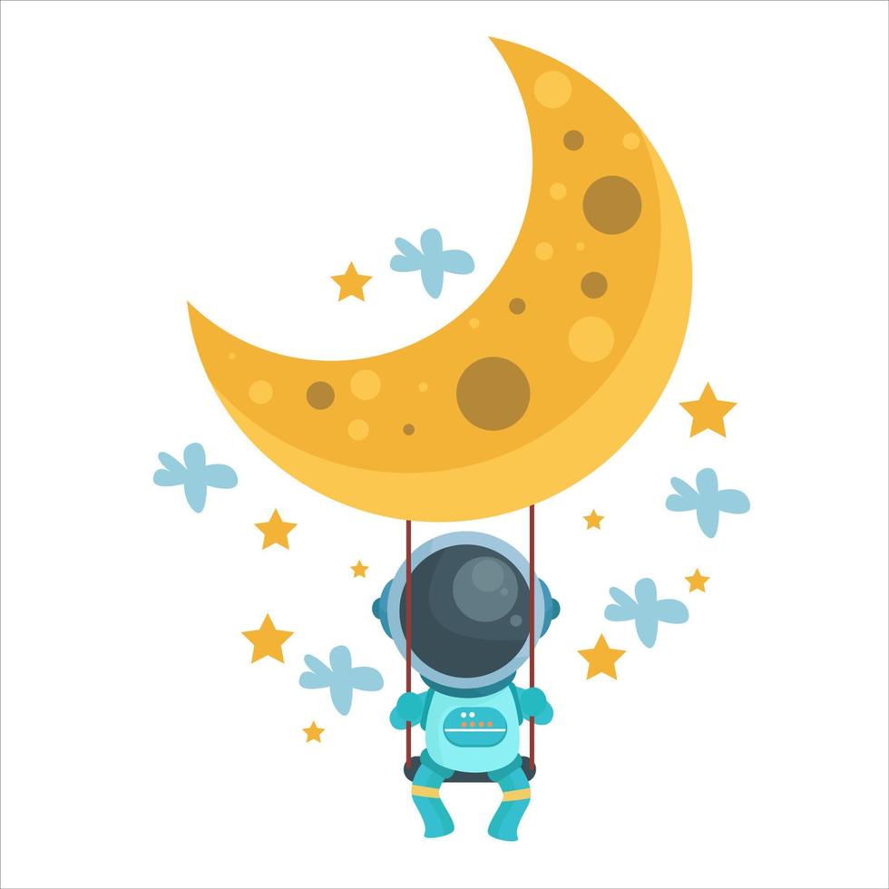 personaje astronauta es balanceo debajo el Luna en linda dibujos animados estilo vector