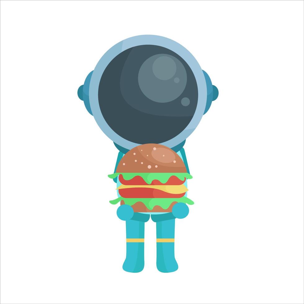 character astronaut holding burger in cute cartoon style vector