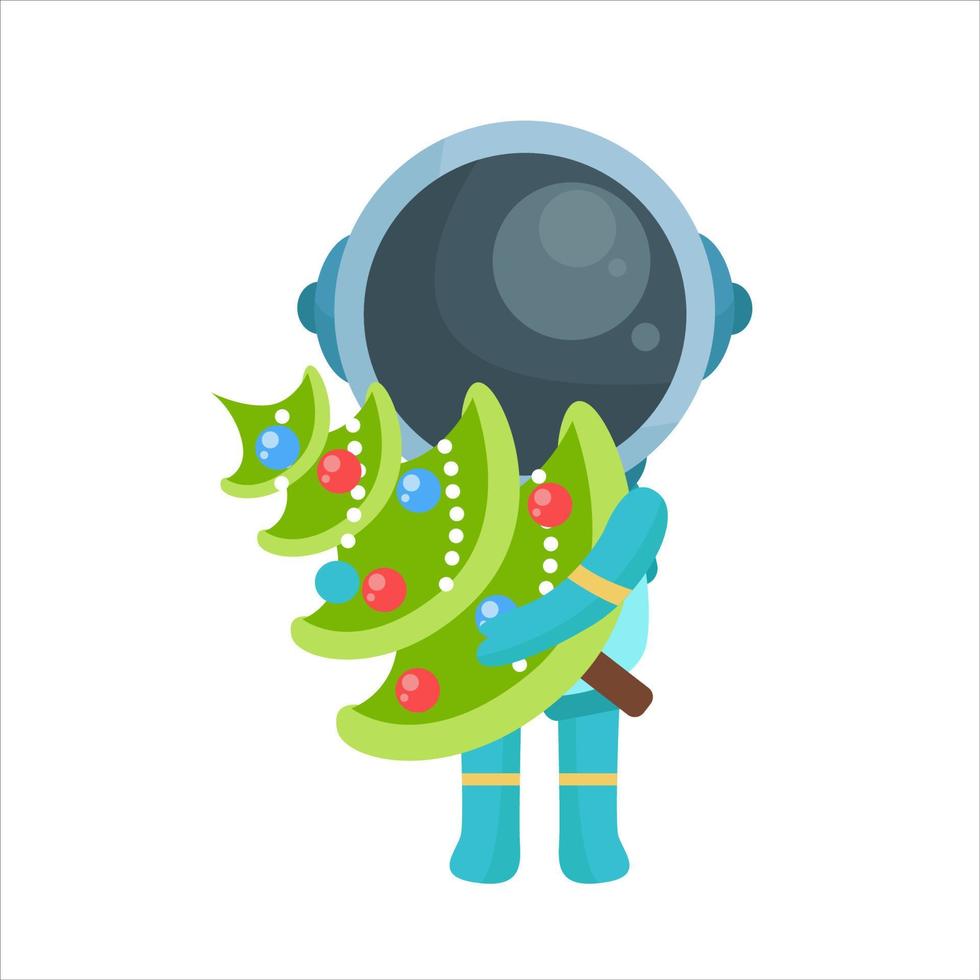 astronaut character holding a christmas tree in cute cartoon style vector