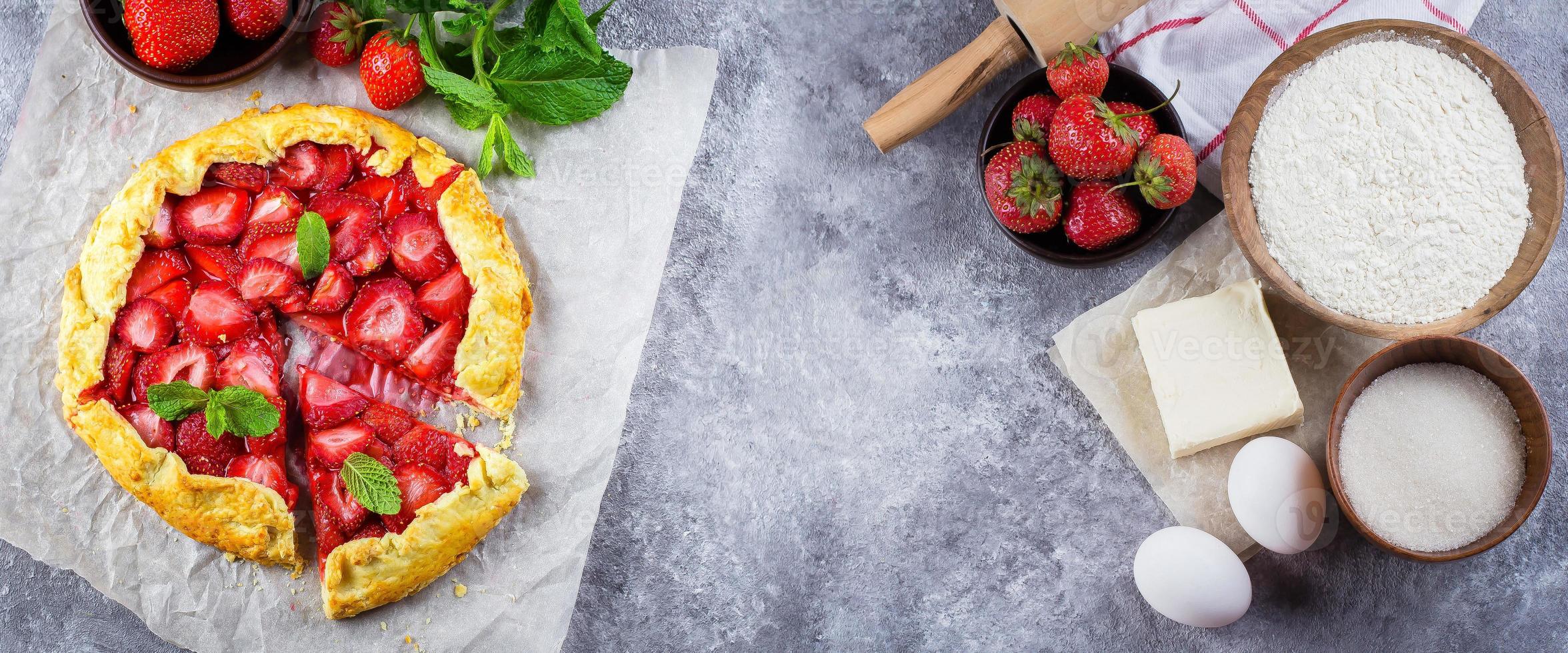 Banner for website. Summer Galette with strawberry and ingredients for cooking gaette on background photo