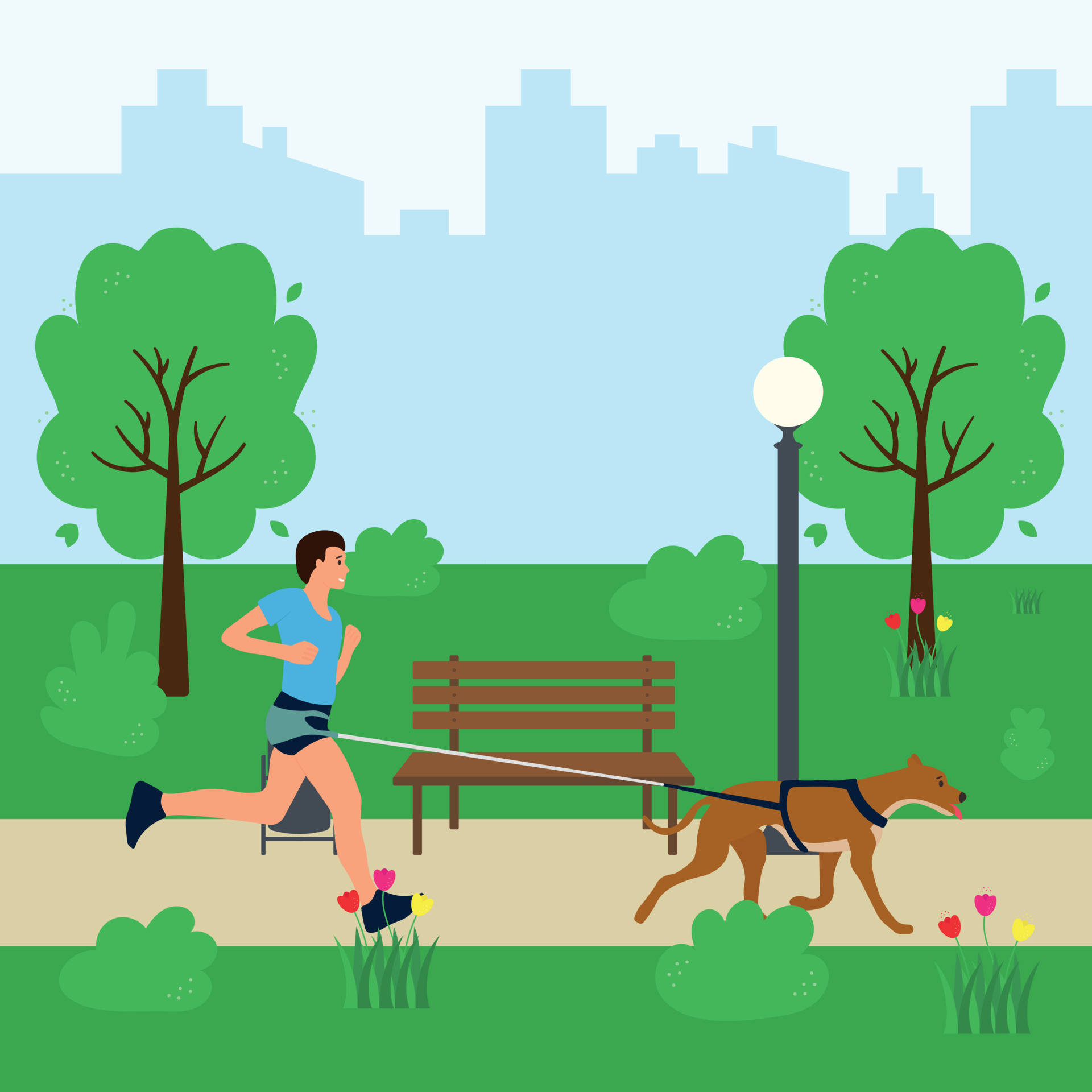 Young man jogging in the park with his dog on a leash. Caring for a pet