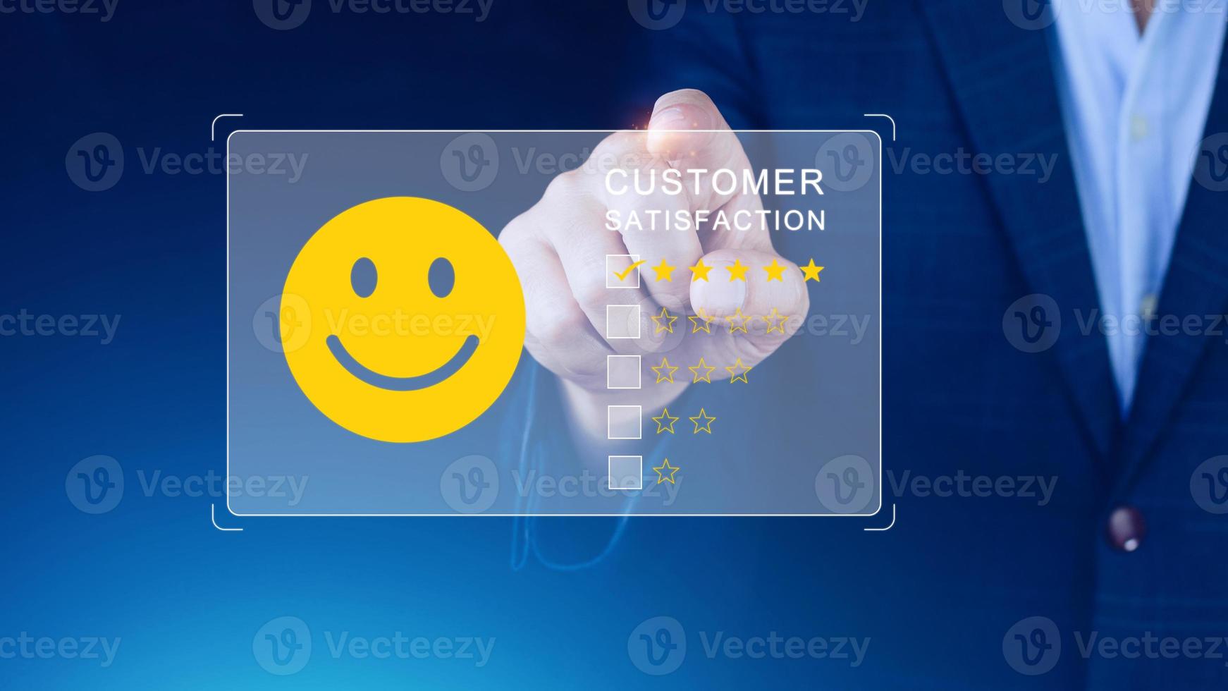 User gives rating to service experience on online application, Customer review satisfaction feedback survey concept, Customer can evaluate quality of service leading to reputation ranking of business. photo