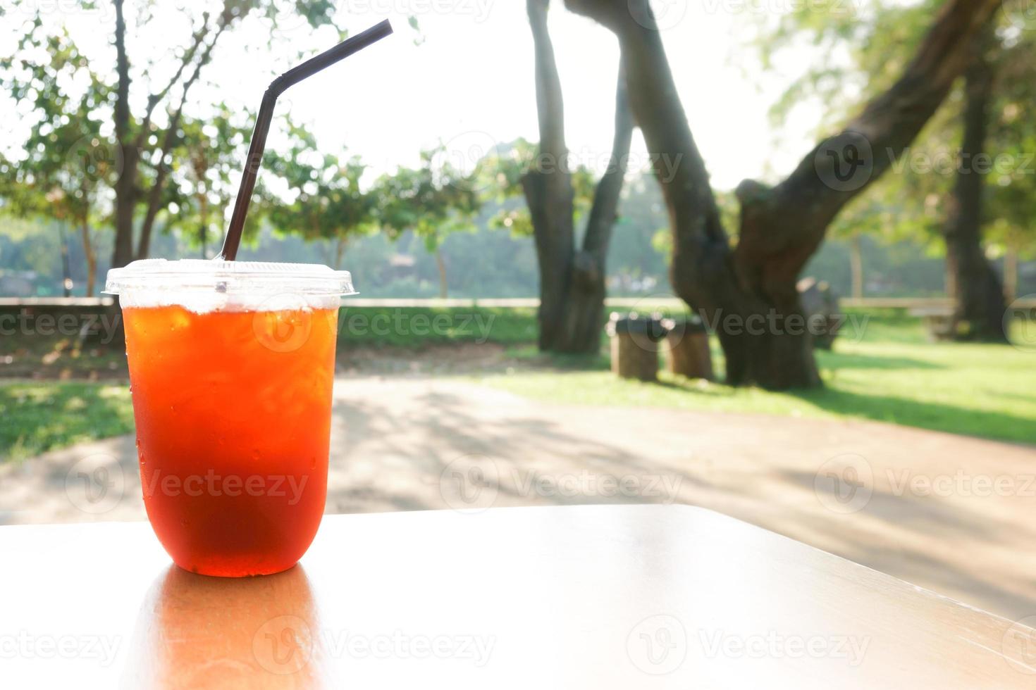 Iced lemon tea on on the wood table ,Summer drinks with ice photo