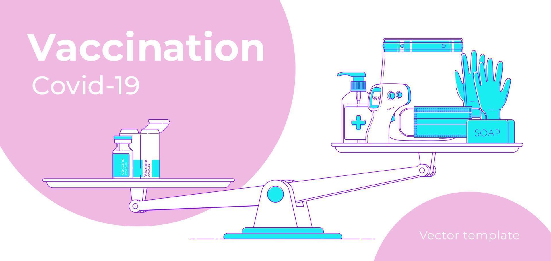 Vaccination banner. Illustration with an ampoule and individual protective equipment on the scales. Coronavirus vaccine vector background. Healthcare concept. Medical treatment. Flat template PPE