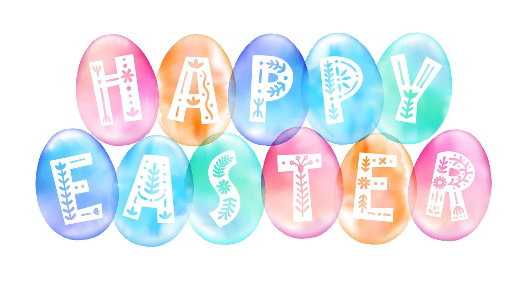 HAPPY EASTER typography with colorful watercolor eggs. Scandinavian lettering with floral ornament, patterns in folk ethnic style. Vector isolated brush stroke template for greeting card, banner.