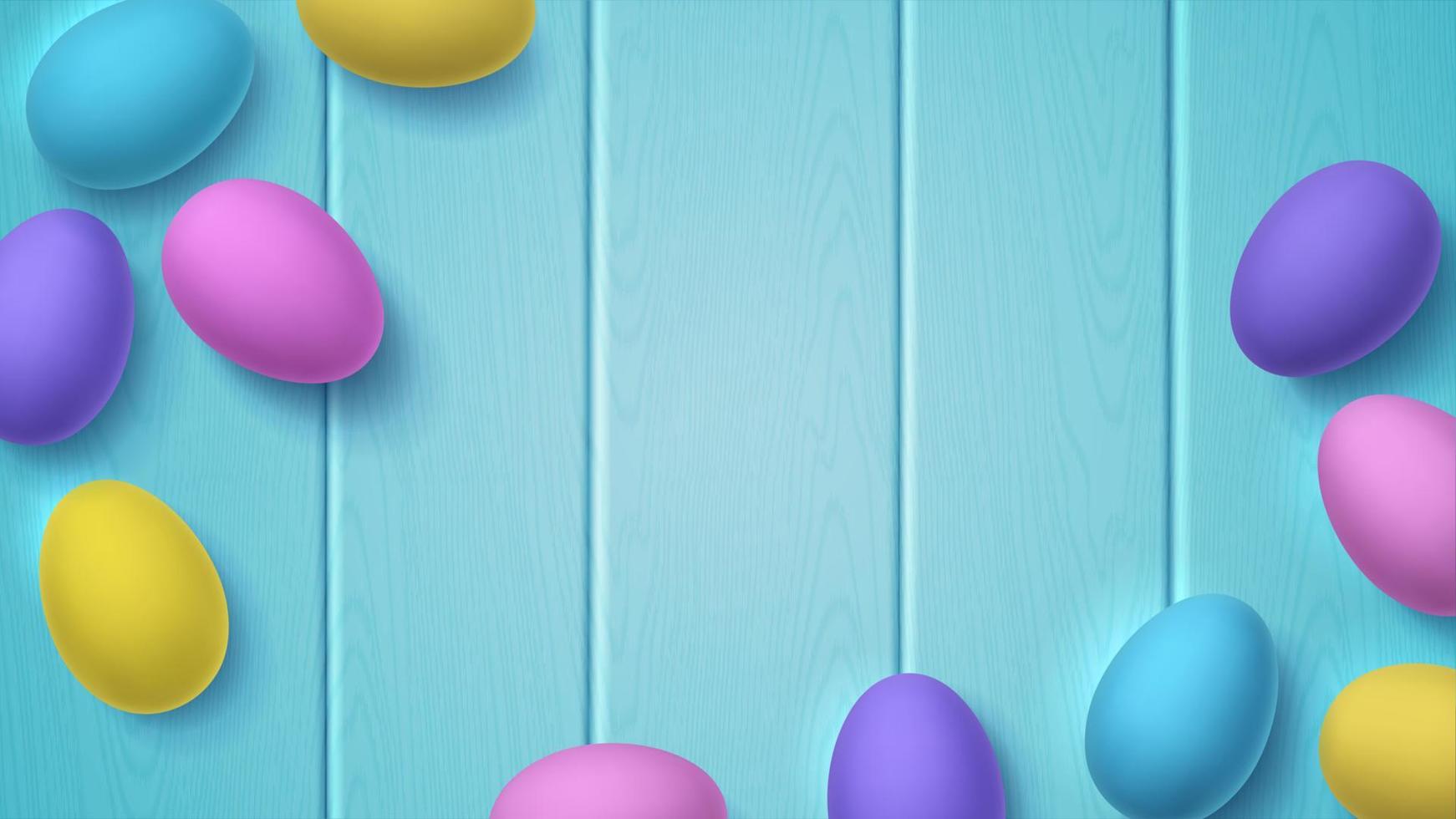 Volumetric painted 3D Easter eggs on blue wooden background. Bright vector illustration with place for text, copy space. Multi-colored wallpaper for spring Christian holiday.