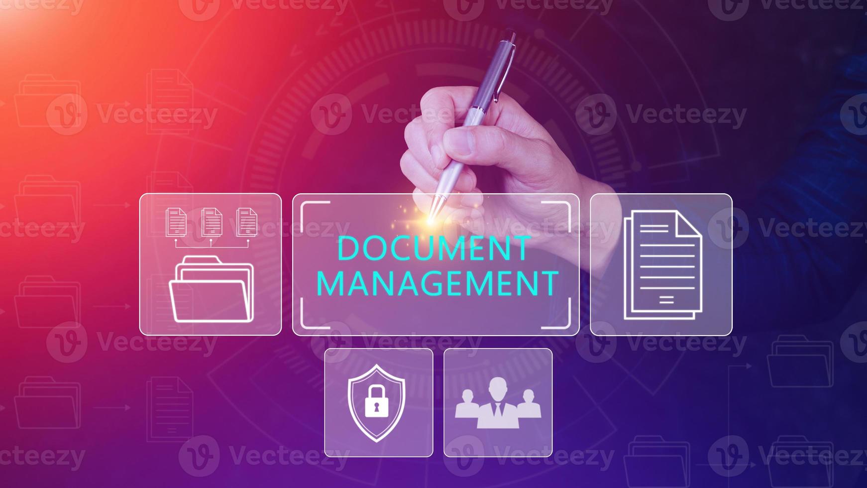 Document Management System DMS being setup IT consultant working on laptop computer in office. Software for archiving, searching and managing corporate files information photo