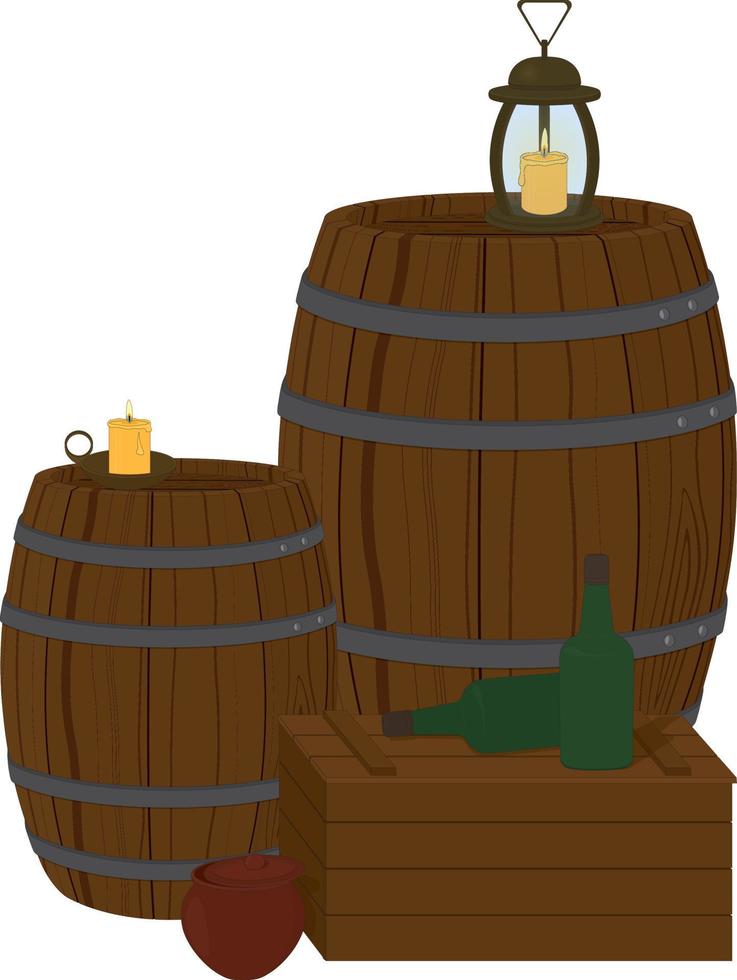 Vintage rustic composition with barrels, crate, ceramic pot and candles vector illustration