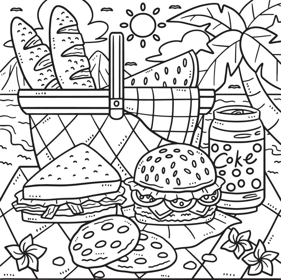 Summer Picnic Food by the Shore Coloring Page vector