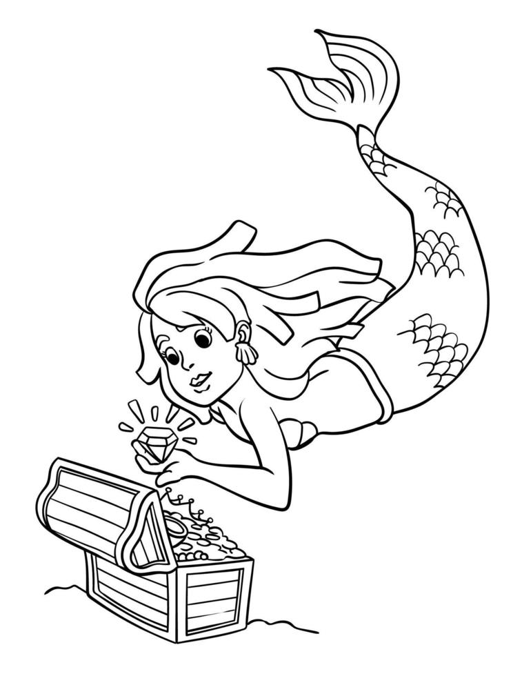 Mermaid with Treasure Box Isolated Coloring Page vector