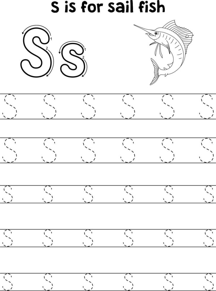 Sailfish Animal Tracing Letter ABC Coloring Page S vector