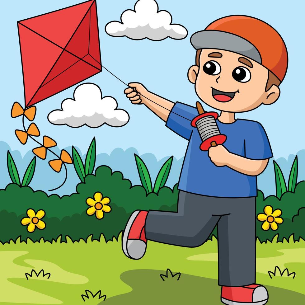 Spring Boy Flying a Kite Colored Cartoon vector