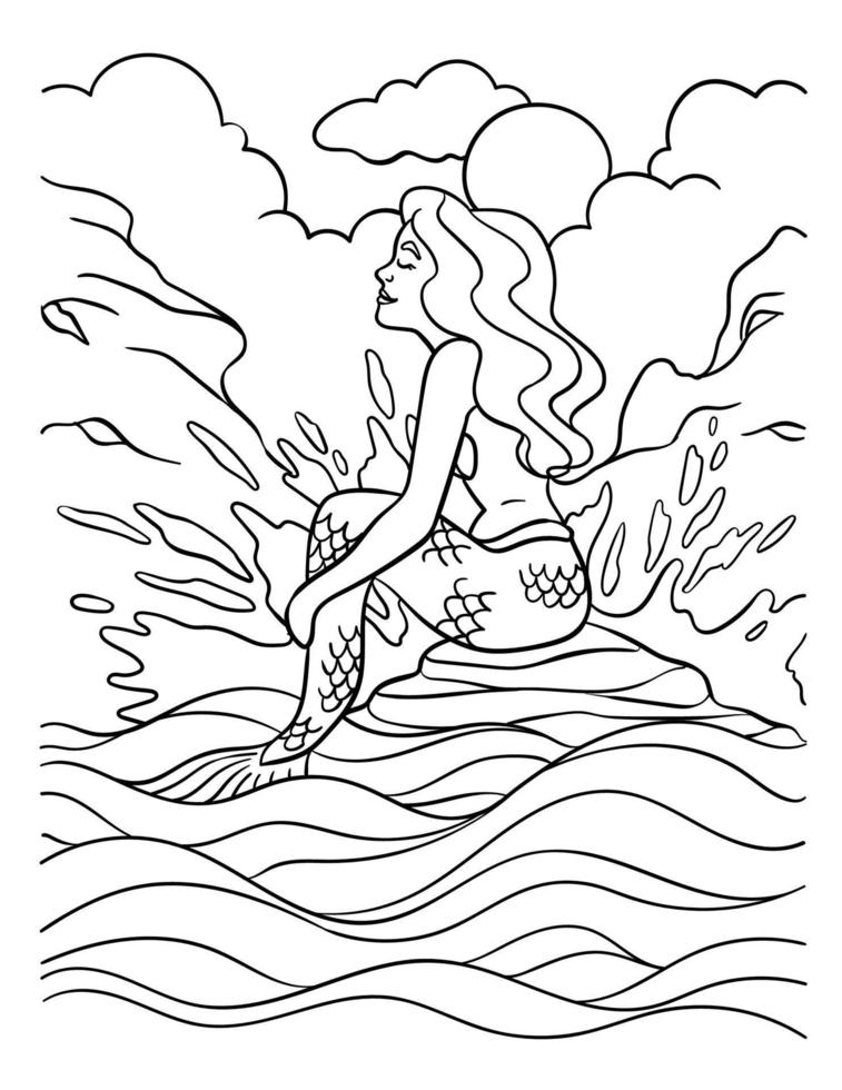 Mermaid Sitting on the Rock Coloring Page for Kids vector