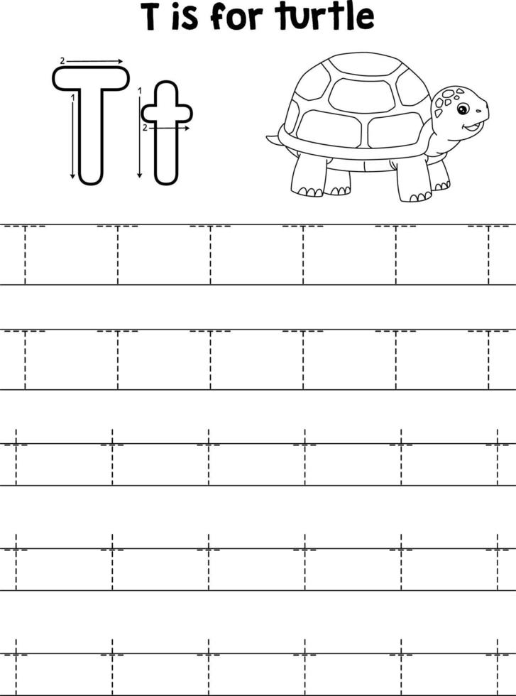 Turtle Animal Tracing Letter ABC Coloring Page T vector