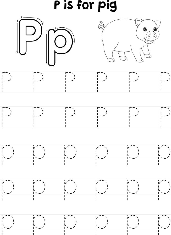 Pig Animal Tracing Letter ABC Coloring Page P vector