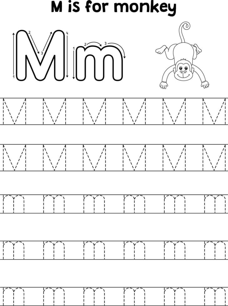 Monkey Animal Tracing Letter ABC Coloring Page M vector