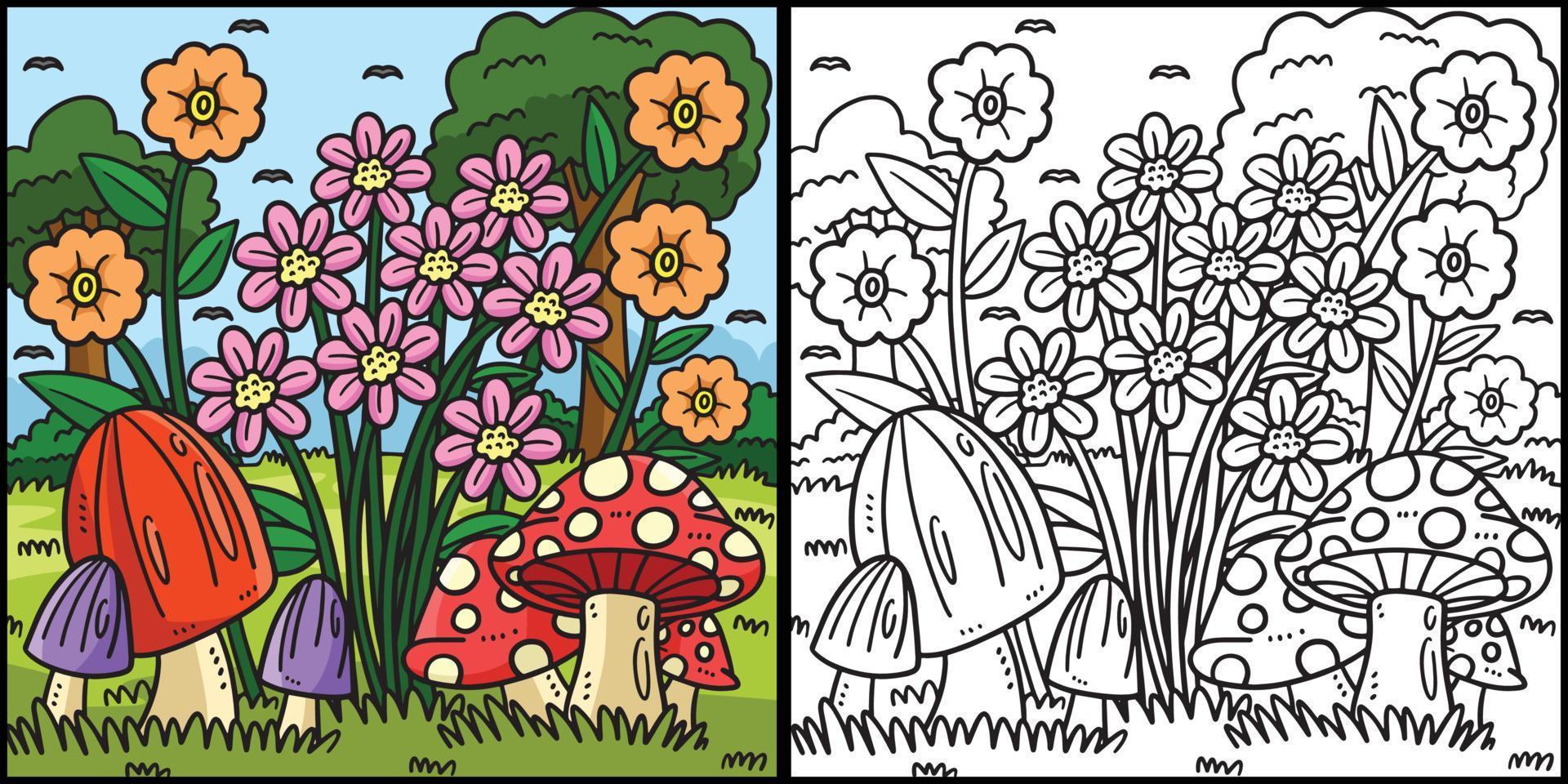 primavera hongos y flores colorante ilustración vector