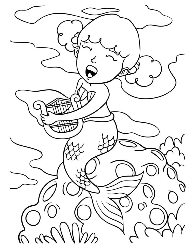 Mermaid Playing Harp Coloring Page for Kids vector