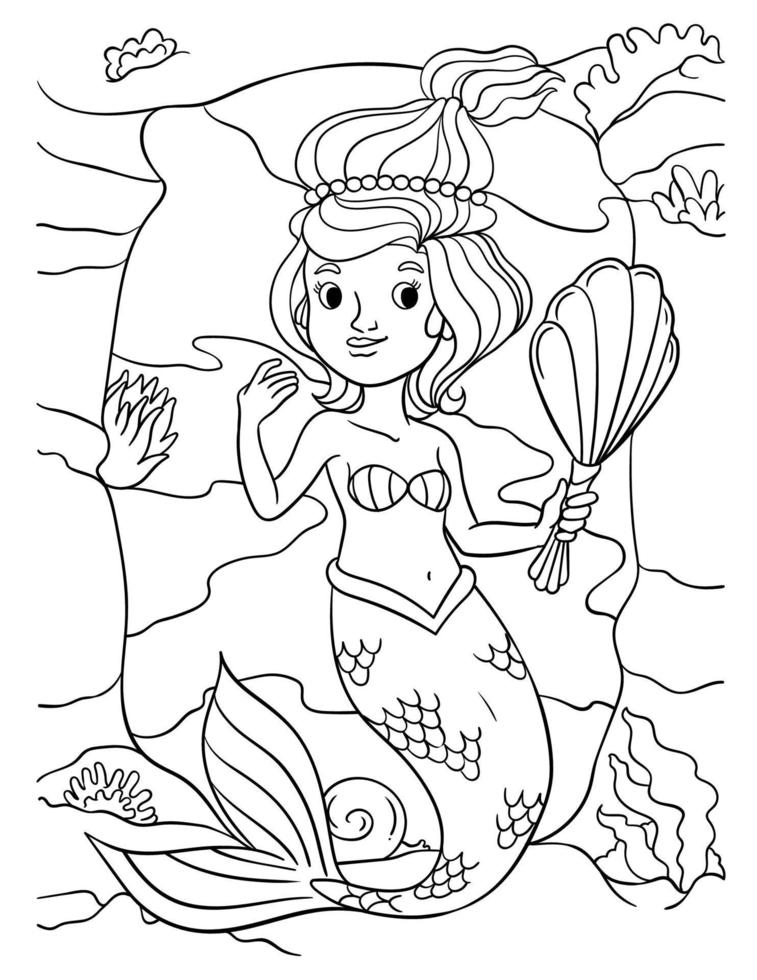 Mermaid Holding Shell Mirror Coloring Page vector
