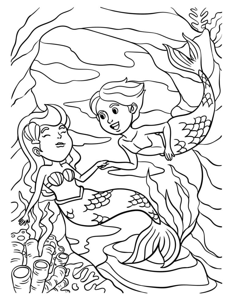 Mermaid and Merman Coloring Page for Kids vector