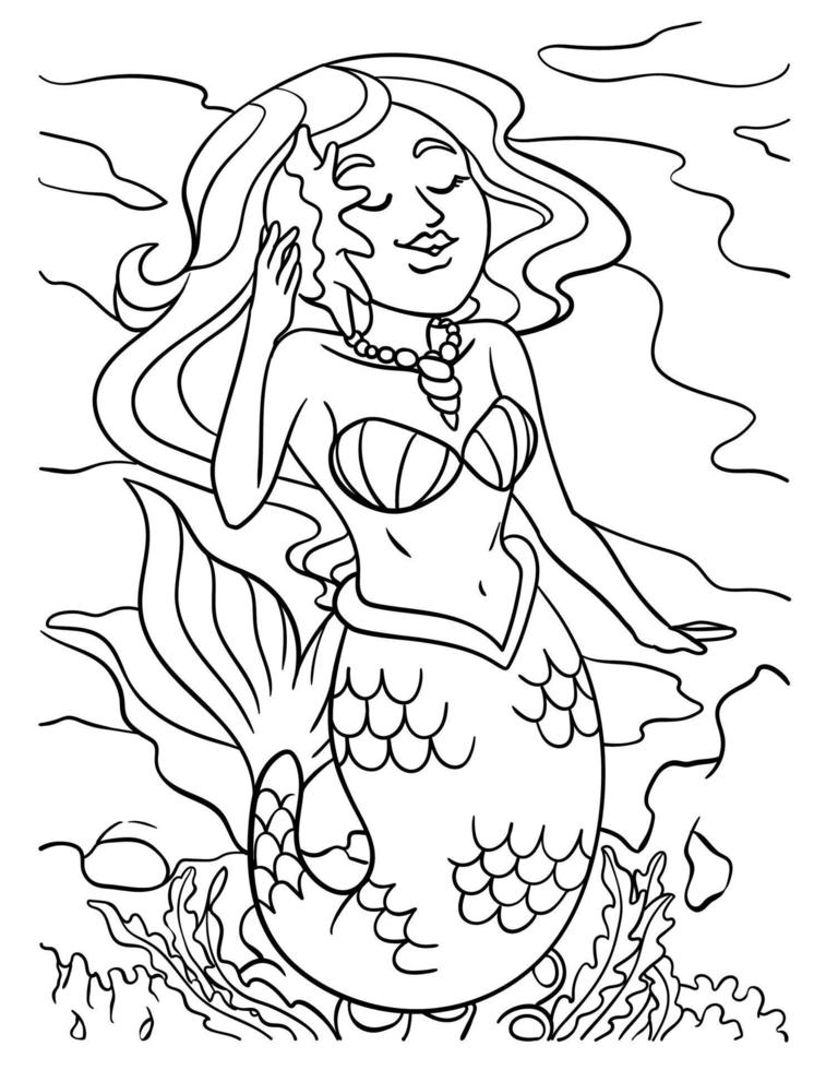 Beautiful Mermaid Coloring Page for Kids vector