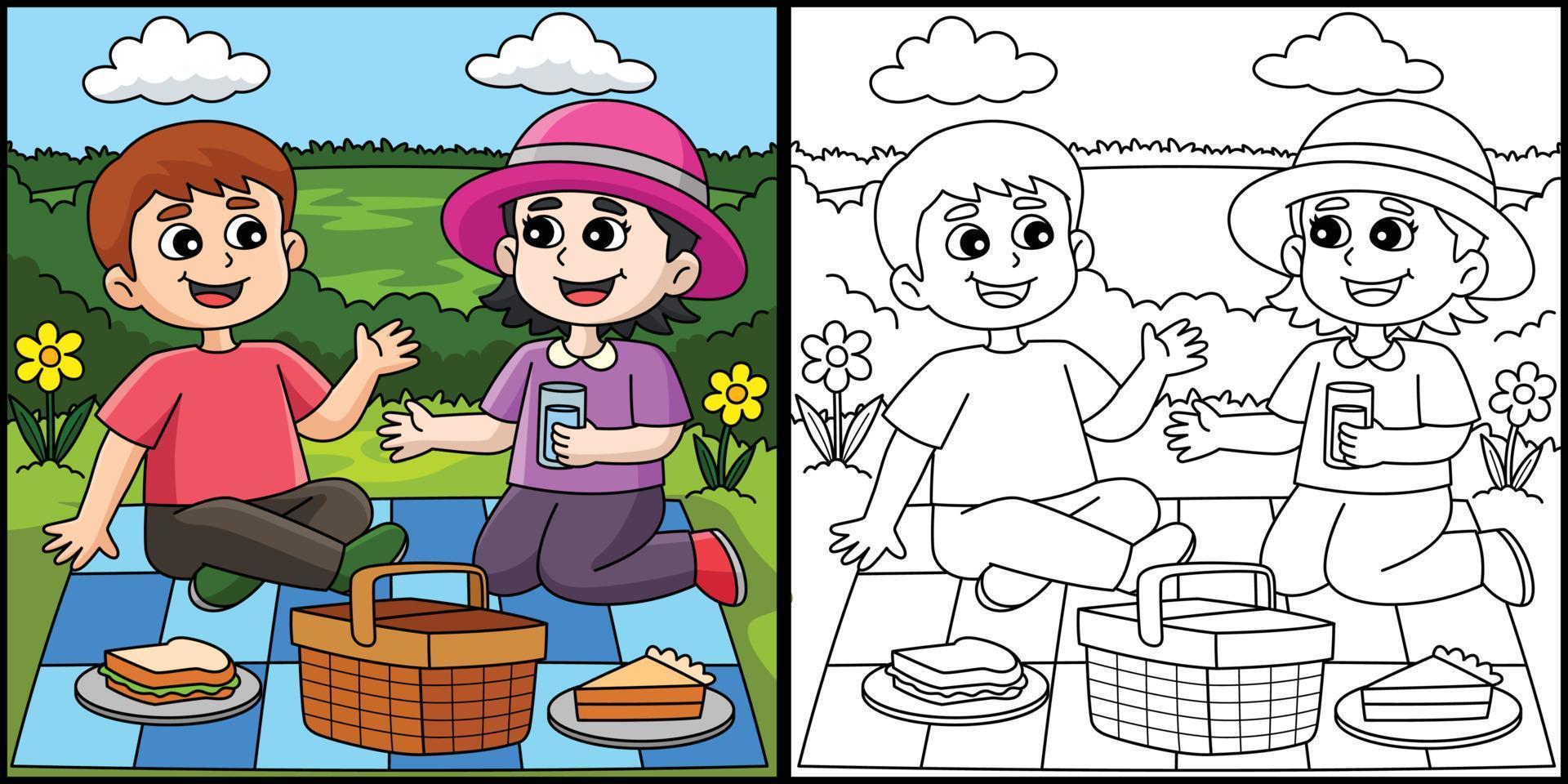 primavera niña y chico teniendo un picnic ilustración vector