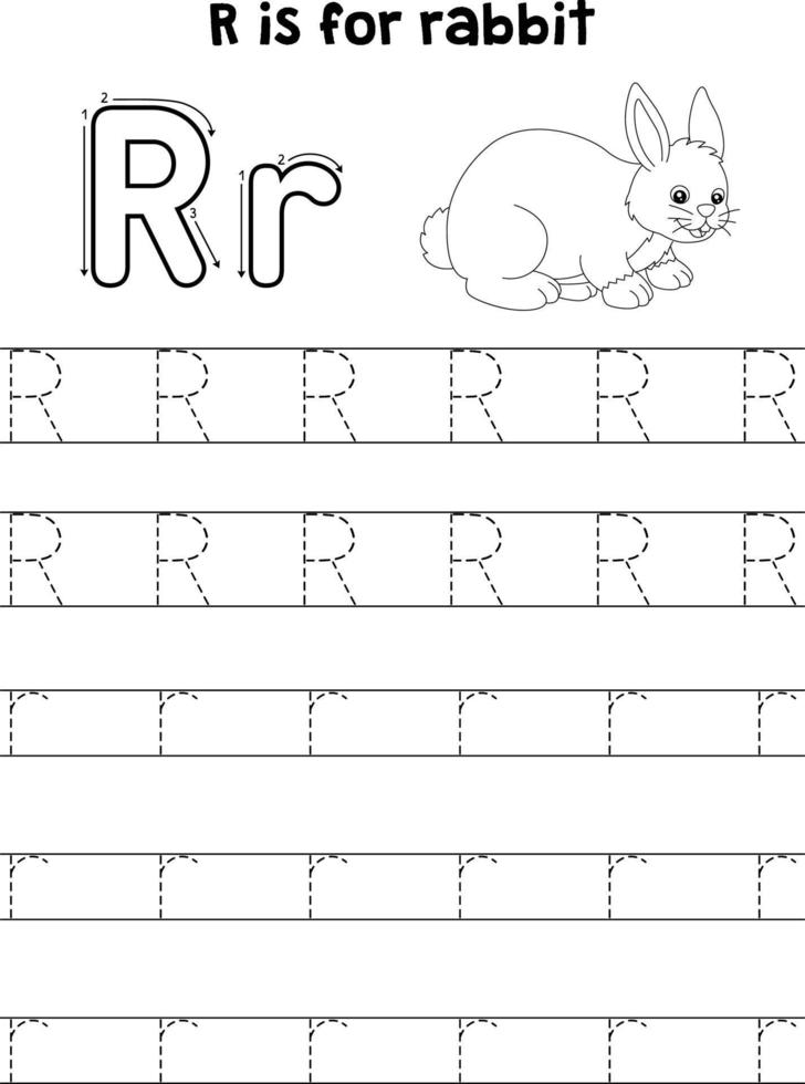 Rabbit Animal Tracing Letter ABC Coloring Page R vector